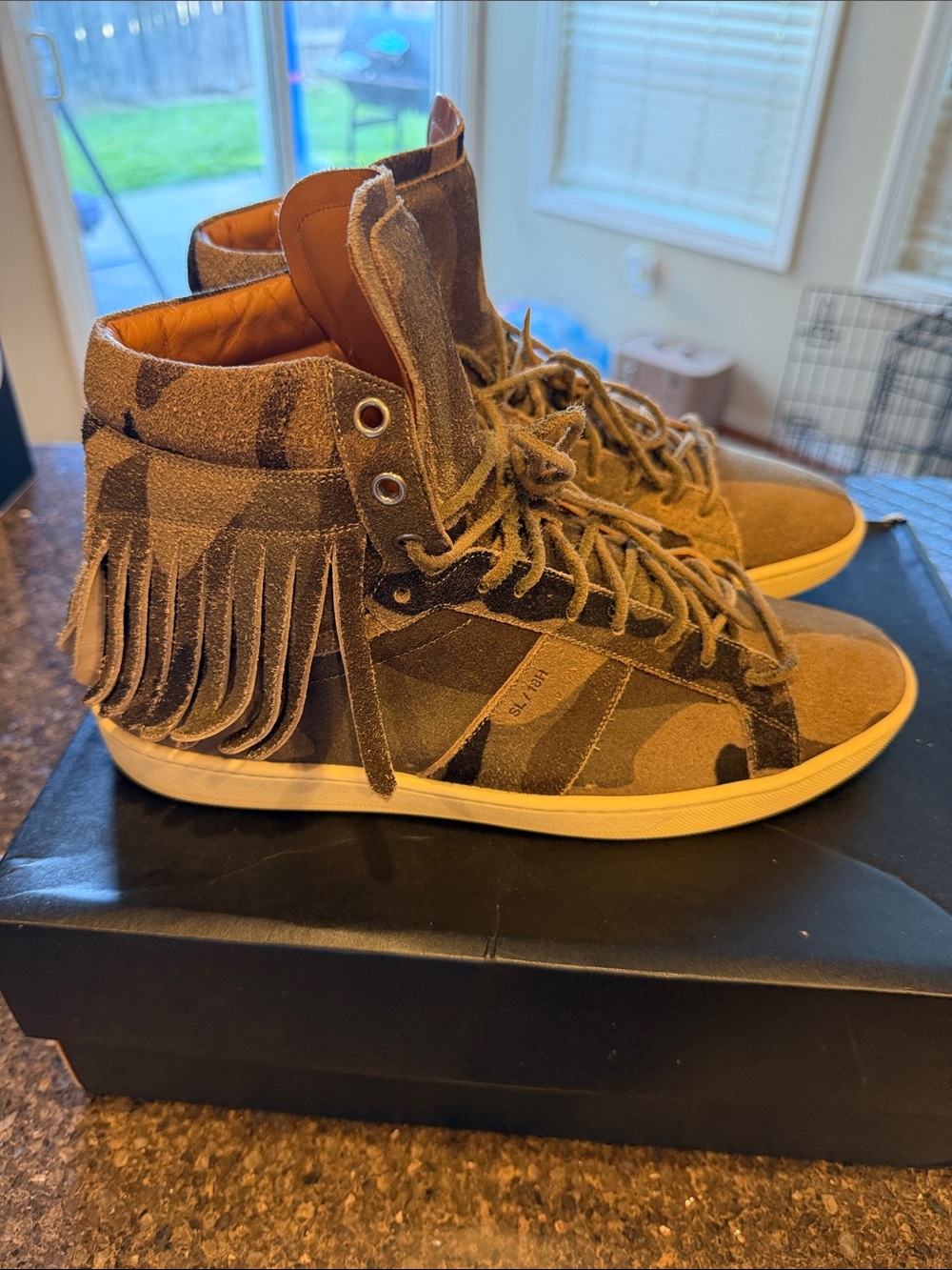 Men Saint Laurent Paris High-Top Suede Fringed Sneakers - Brown Camo
